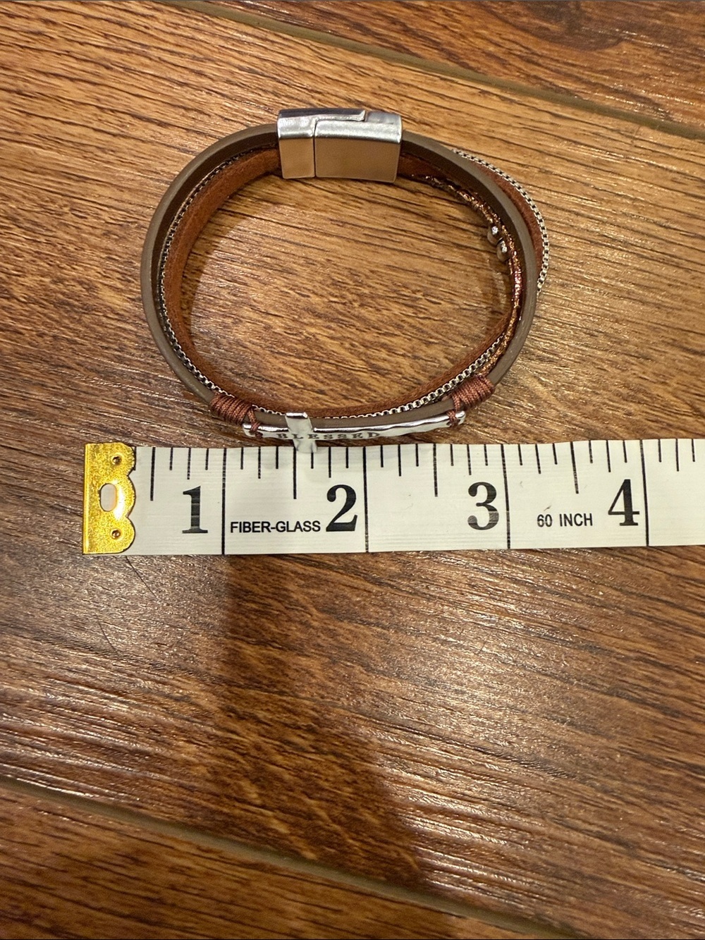 Blessed Cross Leather Bracelet - Brown & Gold - Picture 2 of 5